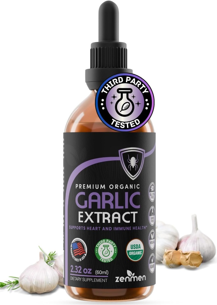 Zenmen Organic Garlic Cloves Extract (Odorless Tincture) - Immune Support, Source of Antioxidants - 2.32 oz / 60ml, Vegan, Manufactured in The USA
