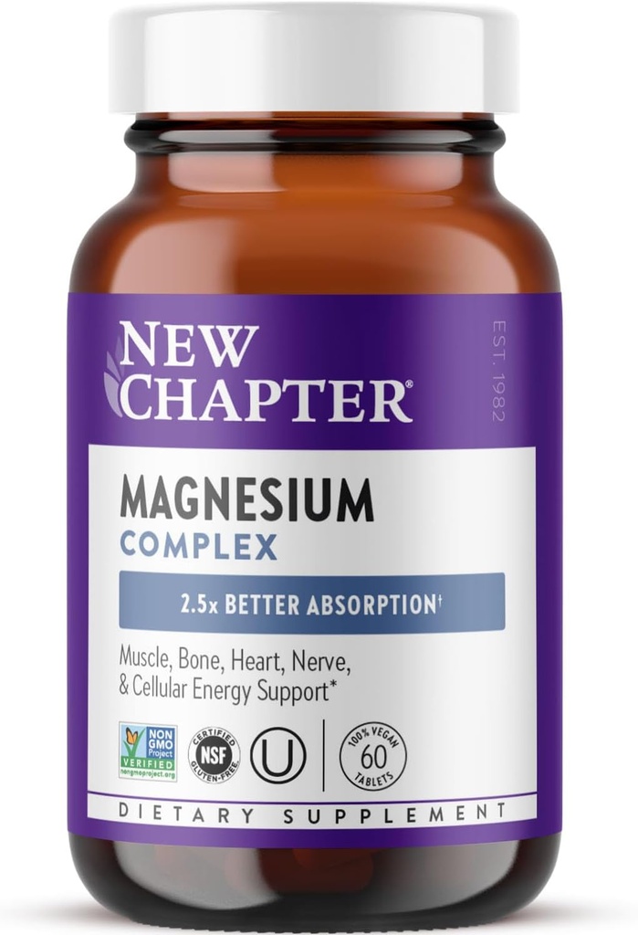 Nyt kapitel Magnesiumkompleks Supplement, 325mg med Magnesiumglycinat + Sea- Sourced + Gæret Former for Hjerte, Knogler, Nerve, Muskel & Cellular Energy, 100% Vegan, 60 tabletter