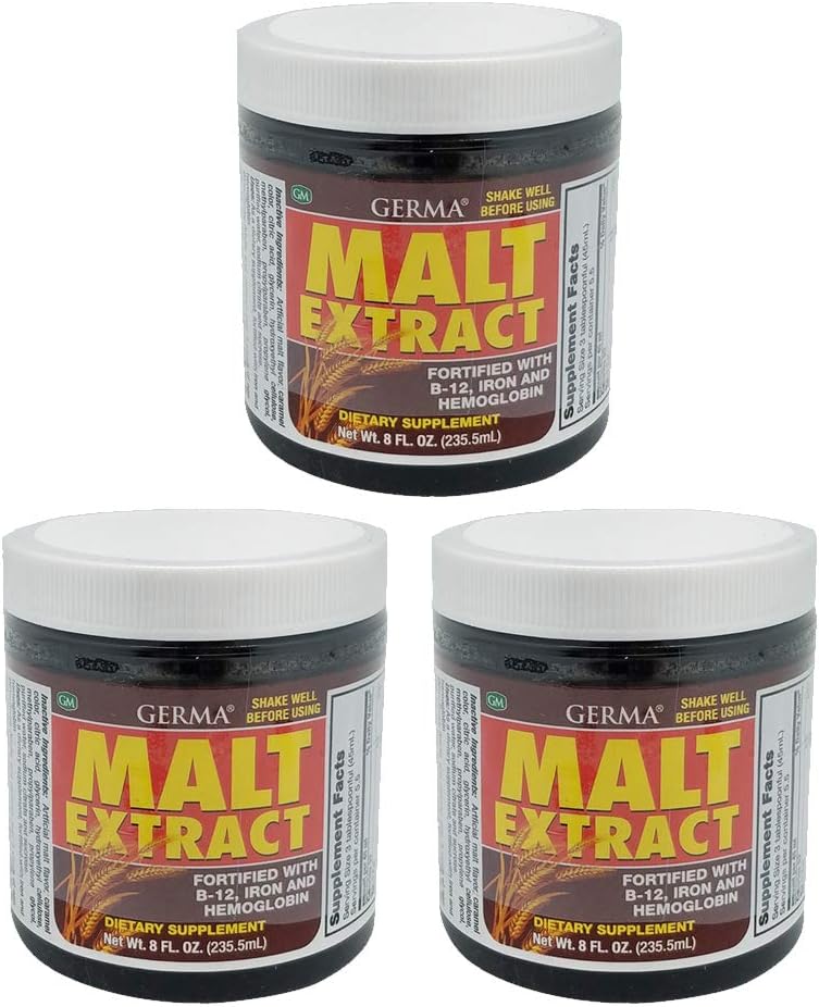 Germa Malt Extract. Kosttilskud. Forstærket med vitamin B12, jern og hæmoglobin. Høj i antioxidanter. 8 fl.oz. Pakning med 3.