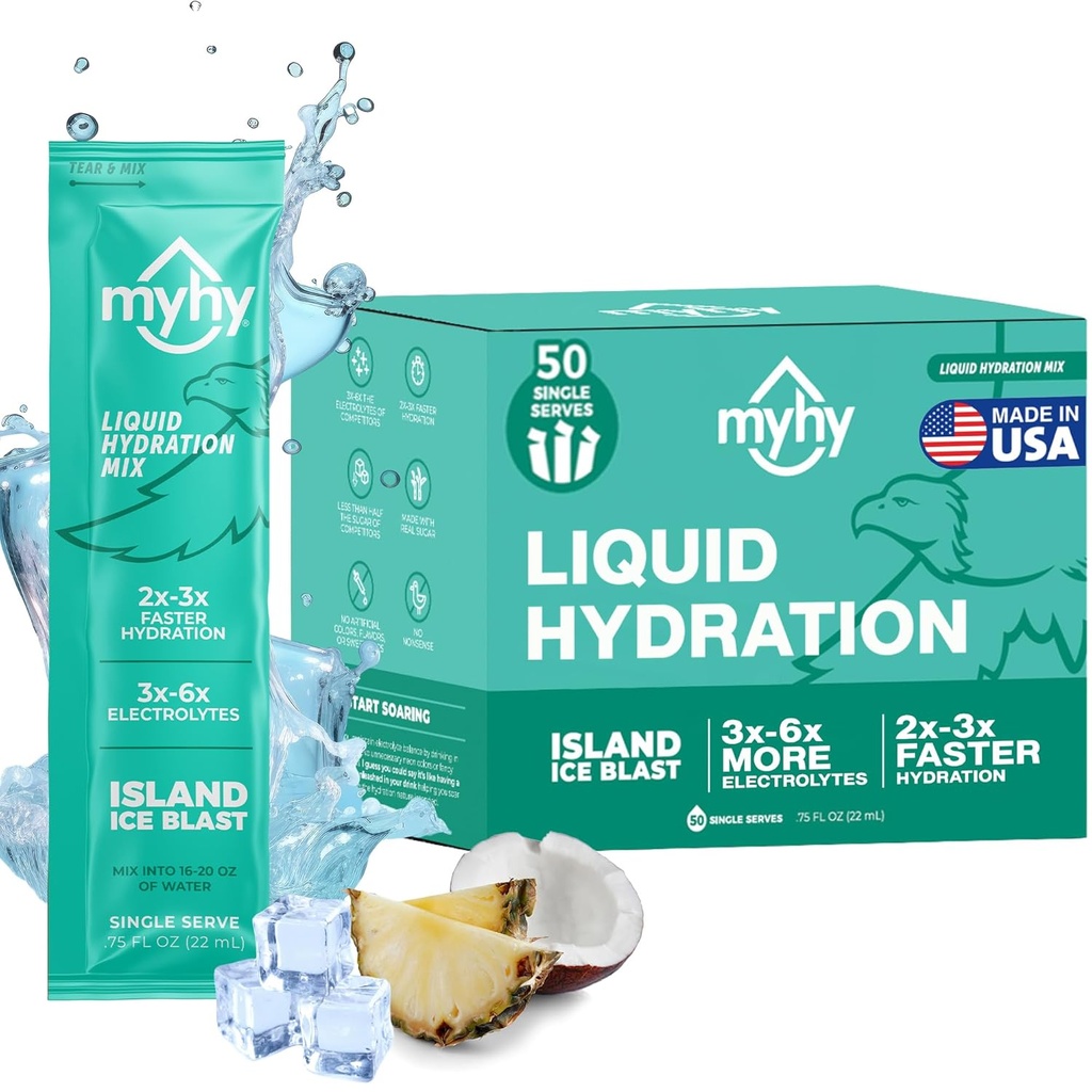 MyHy Flydende Hydration Pakker, Electrolyte Drink Mix til voksne & Børn Hydration Support, Dehydrering Relief til rejser, Graviditet, Fitness, Bachelor & Bachelorette Party - Island Ice, 50 Greve