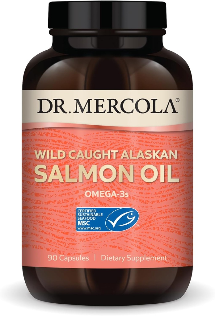 Dr. Mercola Wild fanget Alaska Salmon Oil, 30 Servere (90 kapsler), Omega- 3s, Kosttilskud, Understøtter sund hjerne & kognitiv funktion, Non-GMO, MSC Certificeret