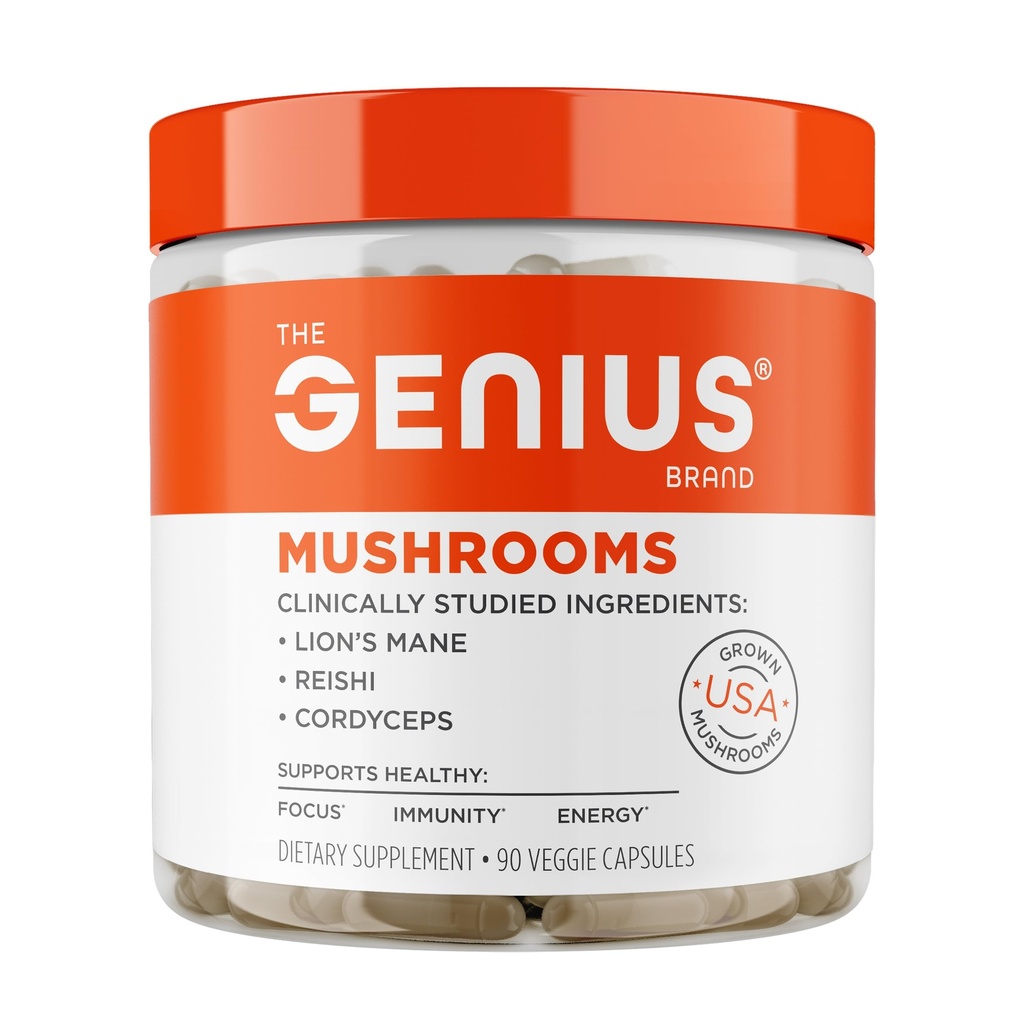 Genius Brand Genius Mushrooms - Plantbaseret supplement til immunforsvar, Focus & Energy Support - Lions Mane, Cordyceps & Reishi - Organic & Non- GMO - 90 Veggie kapsler