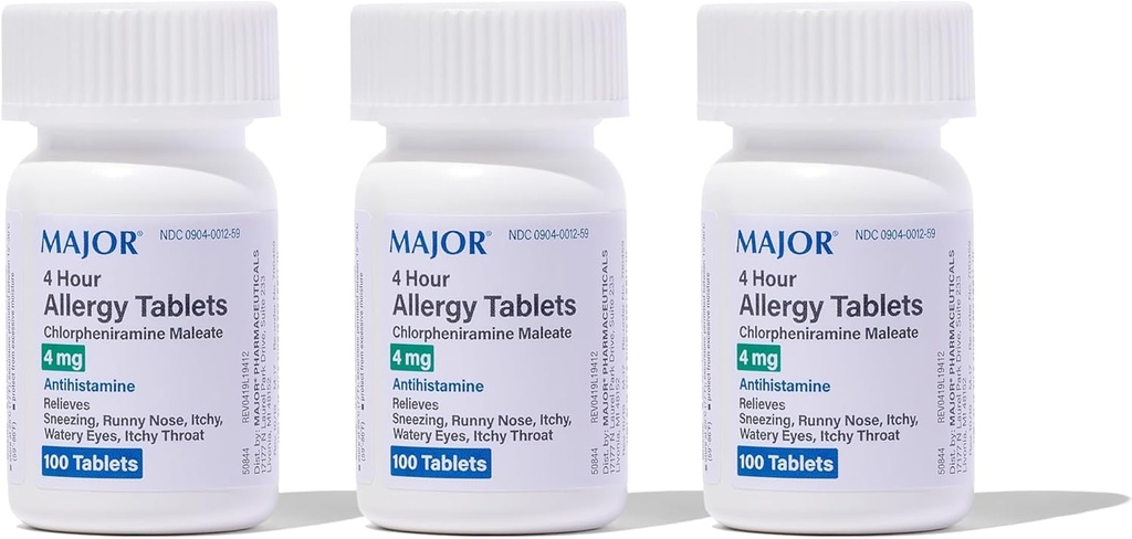MAJOR 4 Mg Allergi tabletter - Chlorpheniramin Maleate 4-timers Allergi medicin - Antihistamin for lindring af nysen, Itchy Watery Eyes, Itchy Throat, og Runny Næse - 100 Greve (3 Pack)