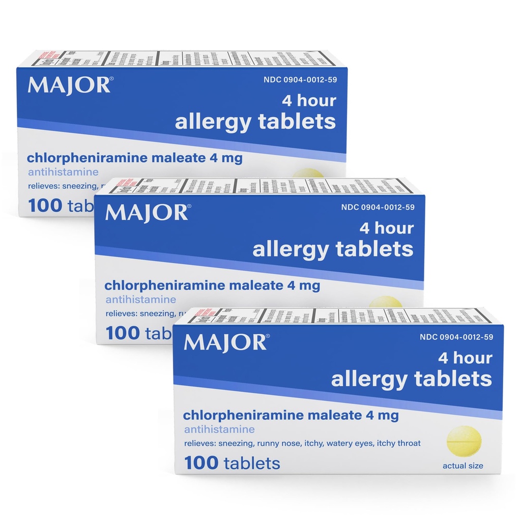 MAJOR 4 Mg Allergi tabletter - Chlorpheniramin Maleate 4-timers Allergi medicin - Antihistamin for lindring af nysen, Itchy Watery Eyes, Itchy Throat, og Runny Næse - 100 Greve (3 Pack)