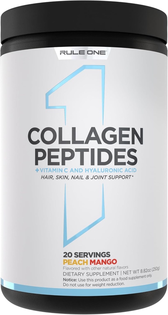 Rule 1 Collagen Peptides Powder - Hydrolyzed Bovine Collagen, Hyaluronic Acid, and Vitamin C. Supports Hair, Skin, & Nails (20 Servings, Peach Mango)