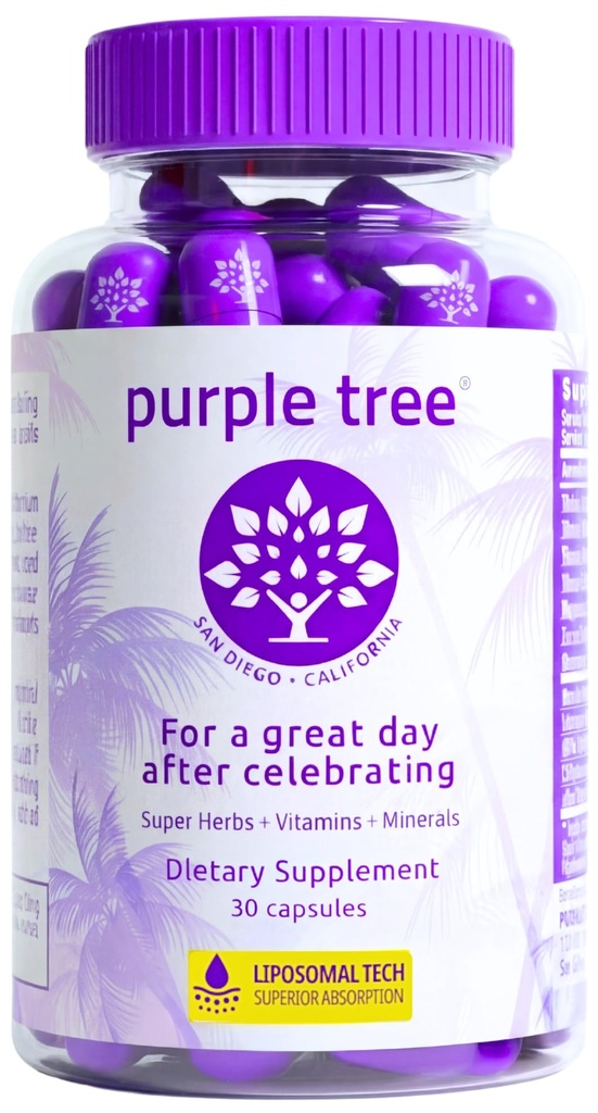 Purple tree Post- Celebration Wellness Vitumes Decl. 124; Leverstøtte, hurtig hydrering, Body Replenisher Decl. 124; Dihydromyricetin DHM, Milk Thistle, Electrolytes, Vitamin B, Willow Bark, Quercetin (30 piller)
