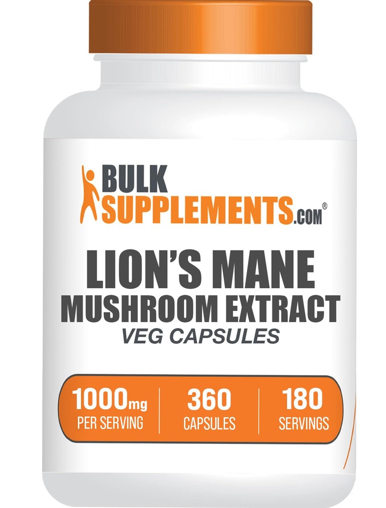 BulkSupplements.com Lions Mane Mushroom Extract Kapsler - Mushroom Supplement, Brain Supplement for Memory and Focus Support - Vegan, 2 Kapsler pr Servering (1000 mg), 360 Kapsler (pakke med 1)