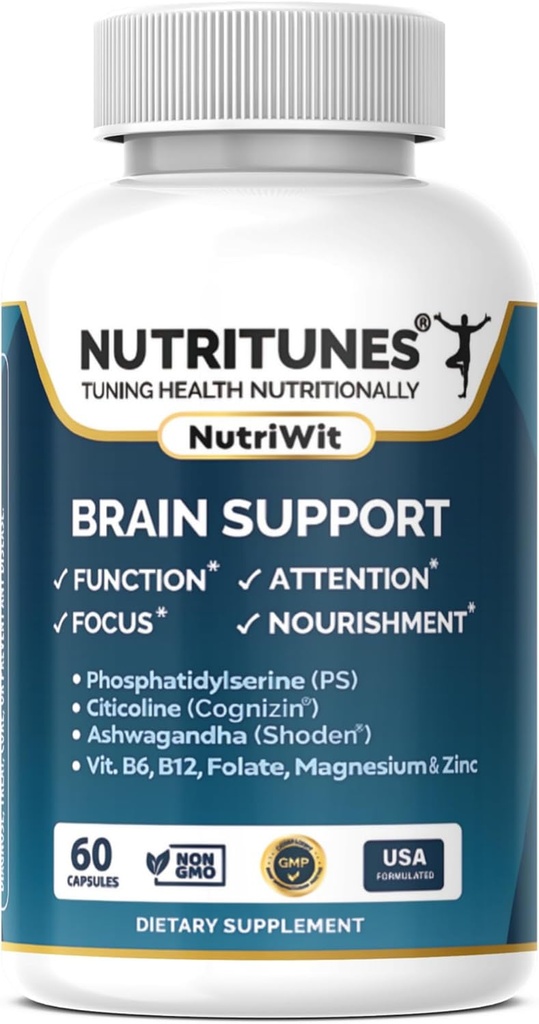 Brain Health Supplement- Memory, Focus & Brain Nourisation Support med Cognizin Citicolin, Phosphatidylserin, Shoden Ashwagandha, B Vitaminer, Magnesium & Zinc- 60 NutriWit kapsler