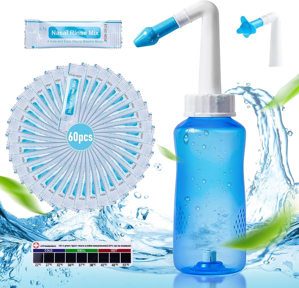 Neti Pot Sinus Rinse Flaske Næse Vask Renere Trykskylning Nasal Vanding med 60 Nasal Vask Saline Pakker & 300 ML Neti Flaske Refill Kit Idé og Sticker Termometer til voksen & Kid (blå)