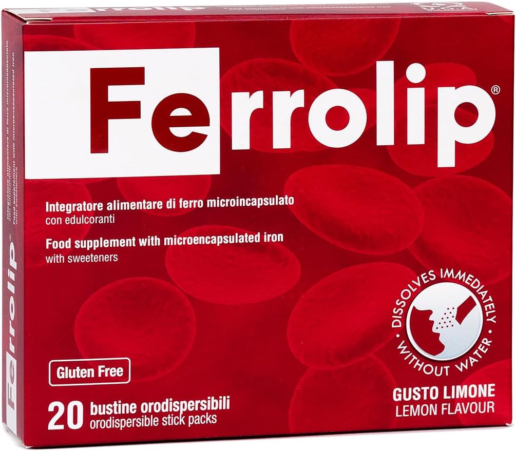 Ferrolip Iron Supplement for Women, Men and Kids (20 Lemon Flavored Soluble Sachets) - Gastrointestinal Comfort and No Metallic Taste - Vegan and Gluten Free