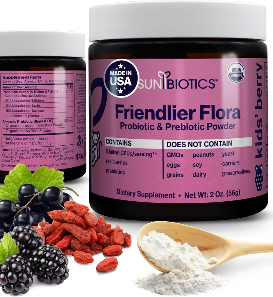 SUNBIOTICS Friendlier Flora - Kids Prebiotic and Probiotic Powder Supplement med 5 Millioner CFU 'er af 5 Probiotiske Strops for Good Gut Flora, immunsystem, & Balanced Microbiome - Berry, 2 Ounce