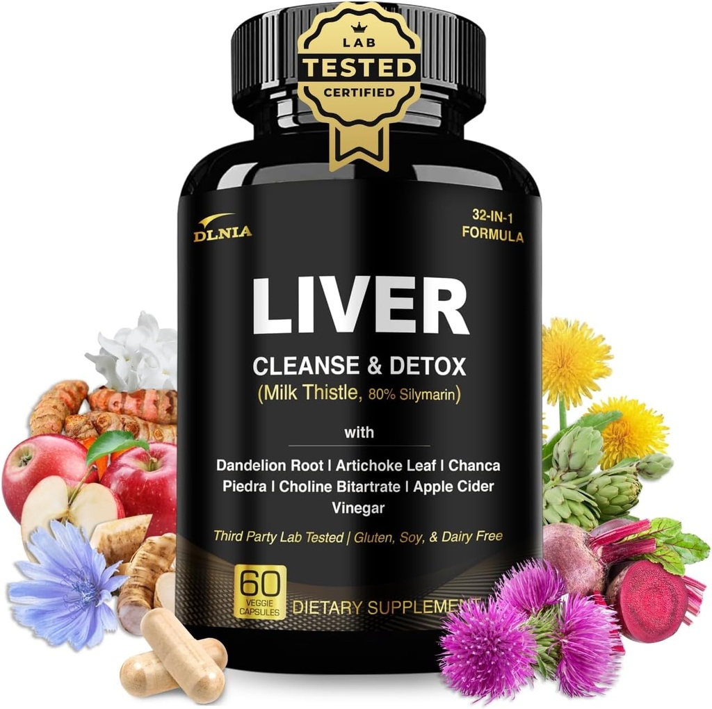32 i 1 Lever rense Detox & reparation Formel med Apple Cider Vincitol, Mælk tidsel supplement, Artiskok, Mælkebøtte Root Supplement - Non- GMO & Vegan urtestøtte & Reparation