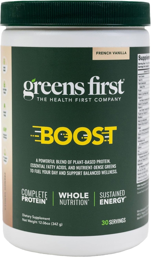 Green First Boost - Plantbaseret protein & Balanceret Nutrition - Superfood Shake Mix - Ingen Hvede eller Soy - Dairy- Free - Vegan - Fransk Vanilla, 12.06 oz.