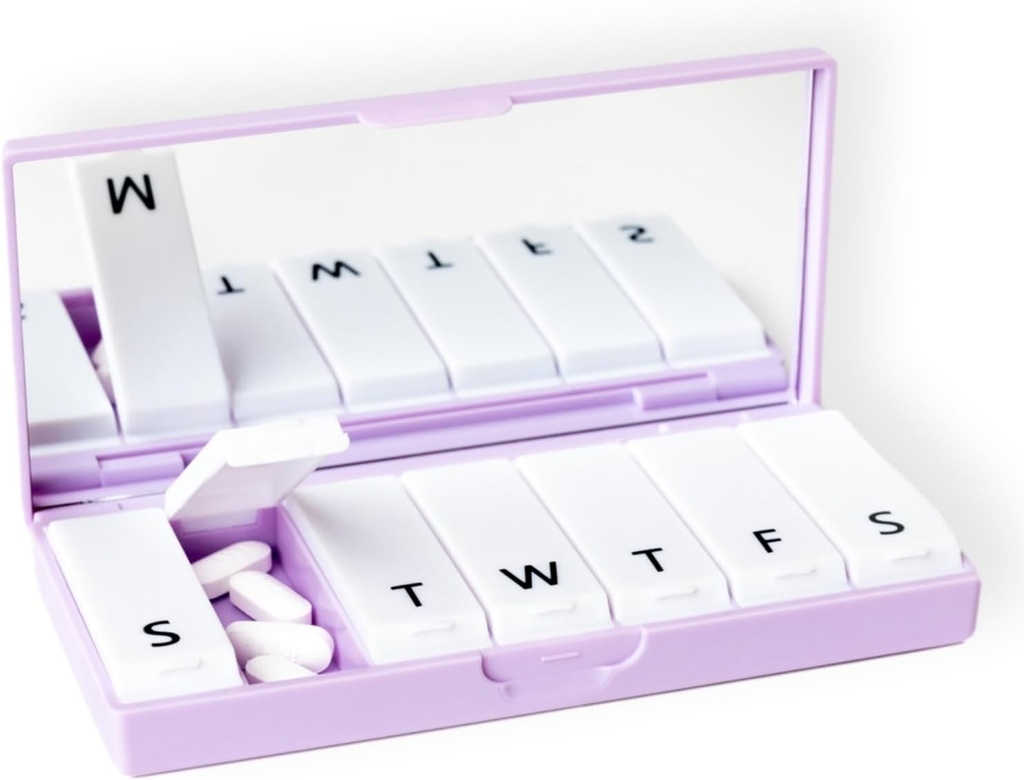 PORT X POLISH Designer Weekly Pill Box Organizer (Single 1X Daily, Lilac) Note 124; Compact, Stilfuld 7- Day Vitamin Supplement sag # 124; Cute Portable Mini Travel Medicine Carrier # 124; BPA- Free Pillbox Caddy