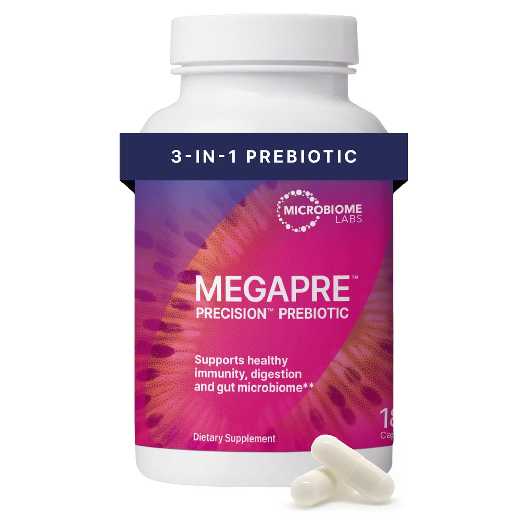 Mikrobiome Labs MegaPre Prebiotic Fiber supplement i vegetabilske kapsler - Prebiotic supplement med klinisk testet oligosaccharides - Støtte mikrobiel mangfoldighed & Gut sundhed (180 kapsler)