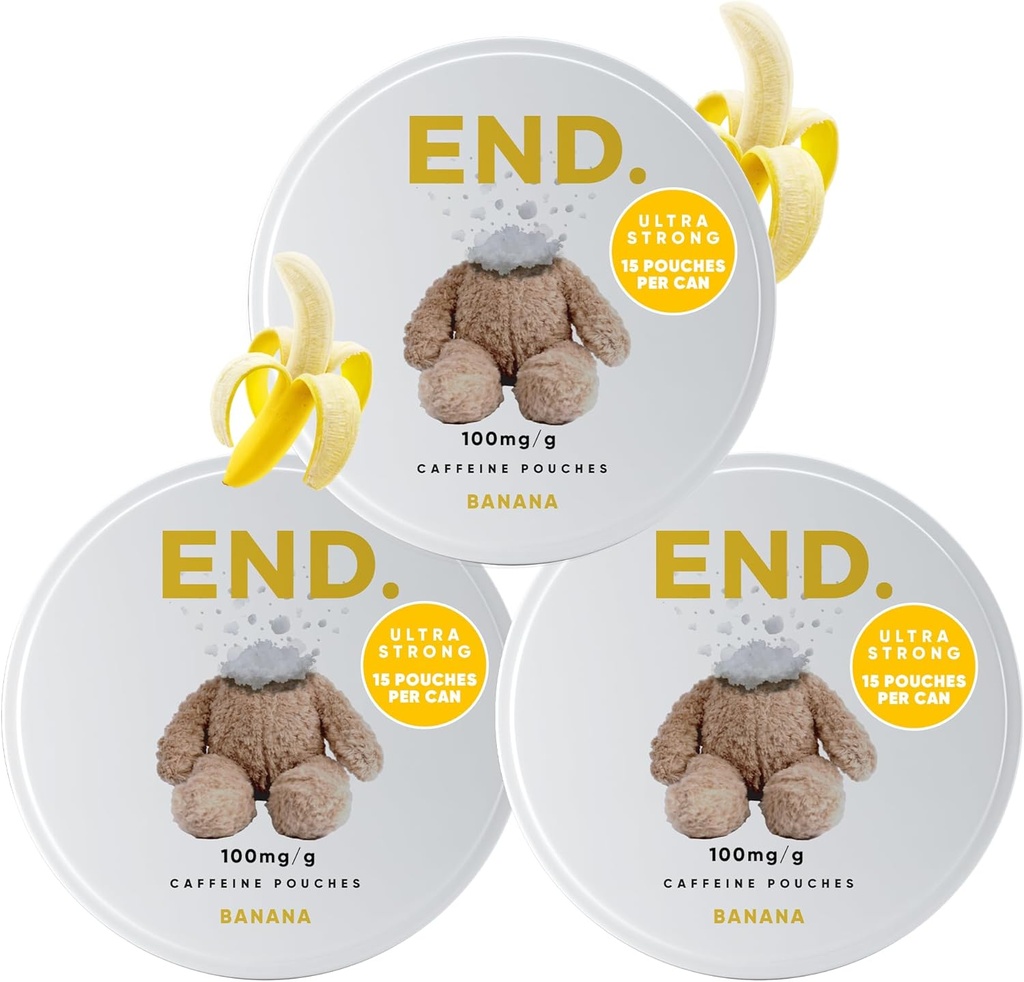 END. Koffein Pouches: 75mg Natural Energy Boost, 12 Natural Flavors, Tobacco and Nicotine Free Pouches, On- the- Go Energy, Zero Sugar, 15 Coffee Pouches Per Can (Pack of 3, Banana)