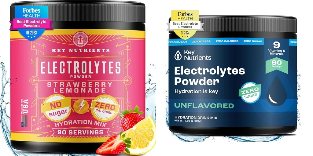 KEY NUTRIENTS Electrolytes Powder Bundle – Juicy Strawberry Lemonade & Unflavored Electrolyte Powders (90 Servings Each) – Sugar-Free, Keto-Friendly Hydration Powder for Energy, Recovery & Endurance