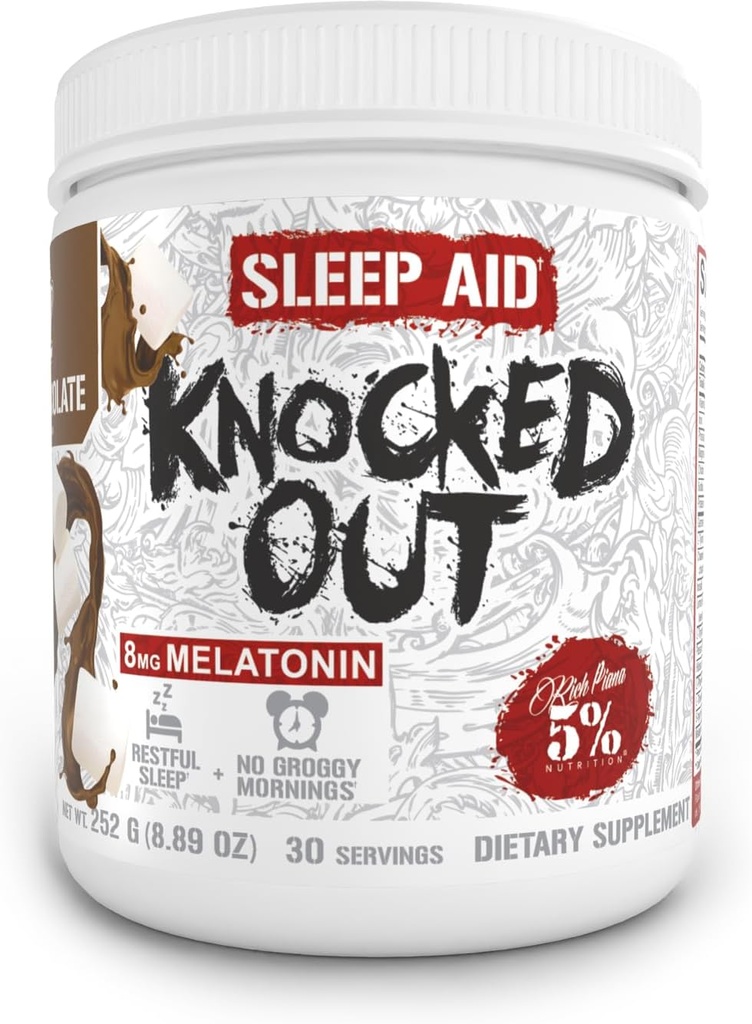 5% Nutrition Rich Piana Knocked Out Natural Sleep Aid MSD 124; Post- Workout Recovery & Deep Sleep Supplement MSD 124; GABA, Melatonin, Kamille, Tyrosin, 5-HTP, & Mere MSD 124; 8.4 oz, 30 Servering (Hot Chocolate)