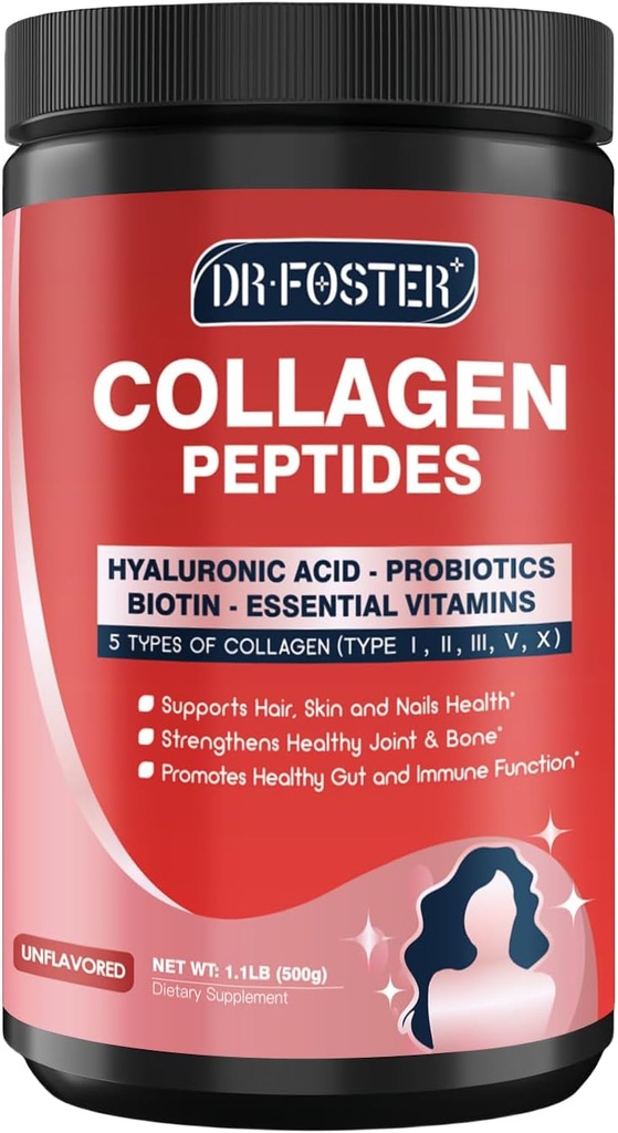 DRFOSTER Multi- Collagen- Peptid- Powder med Probiotika, 50 Servering af hydrolyseret collagen peptider med Hyaluronsyre, Biotin & Multivitaminer - understøtter hud, hår, negle sundhed