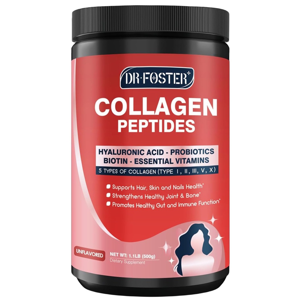 DRFOSTER Multi- Collagen- Peptid- Powder med Probiotika, 50 Servering af hydrolyseret collagen peptider med Hyaluronsyre, Biotin & Multivitaminer - understøtter hud, hår, negle sundhed
