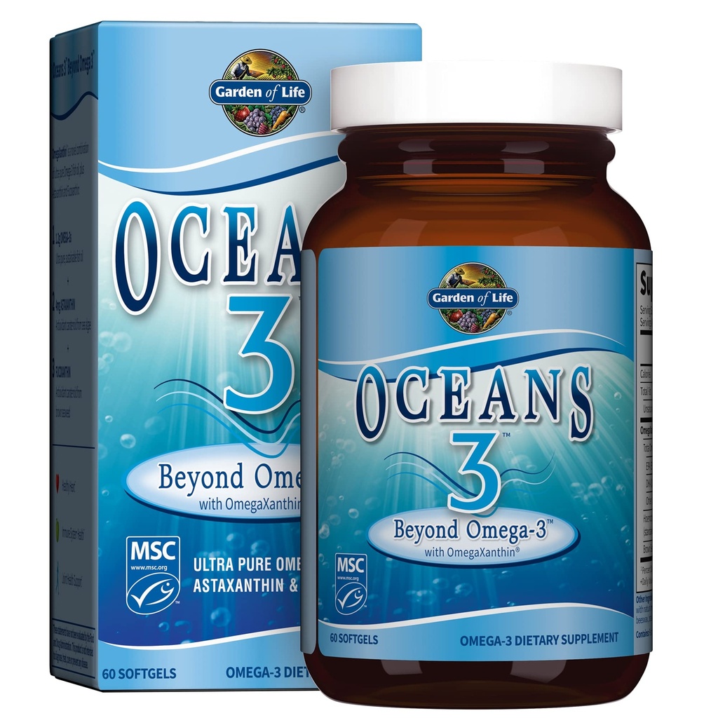 Livets have Oceans 3 Ud over Omega-3 med OmegaXanthin, EPA, DHA Kosttilskud, Fiskeolie med 1200 mg Omega 3, Astaxanthin & Brown Seaweed Extract - 60 Softgels