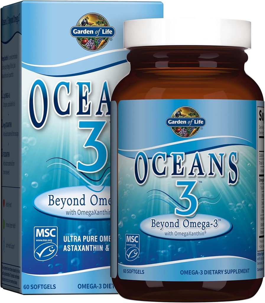 Livets have Oceans 3 Ud over Omega-3 med OmegaXanthin, EPA, DHA Kosttilskud, Fiskeolie med 1200 mg Omega 3, Astaxanthin & Brown Seaweed Extract - 60 Softgels