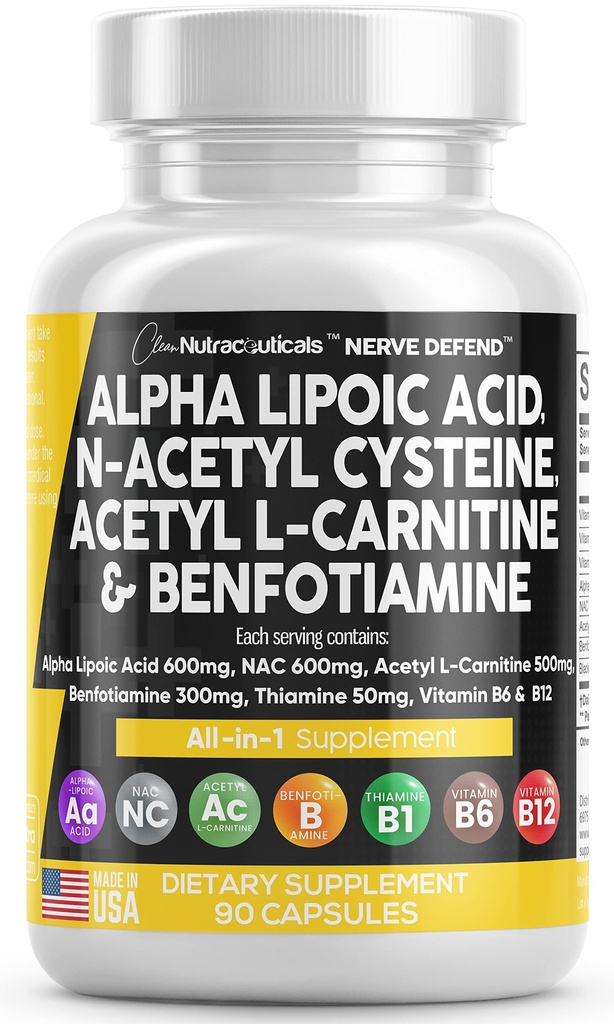 Alpha Lipoic Acid 600mg N- Acetyl Cysteine 600mg Acetyl L- Carnitin 500mg Benfotiamin 300mg - Nervetilskud til kvinder og mænd med vitamin B1 B6 & B12 - Lavet i USA 90 Caps
