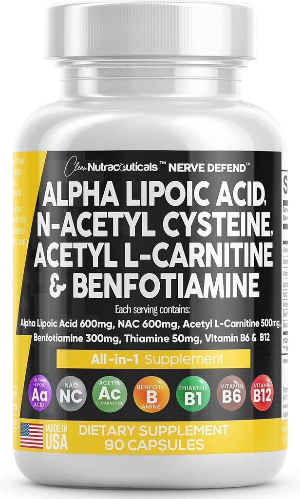Alpha Lipoic Acid 600mg N- Acetyl Cysteine 600mg Acetyl L- Carnitin 500mg Benfotiamin 300mg - Nervetilskud til kvinder og mænd med vitamin B1 B6 & B12 - Lavet i USA 90 Caps