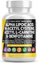 Alpha Lipoic Acid 600mg N- Acetyl Cysteine 600mg Acetyl L- Carnitin 500mg Benfotiamin 300mg - Nervetilskud til kvinder og mænd med vitamin B1 B6 & B12 - Lavet i USA 90 Caps