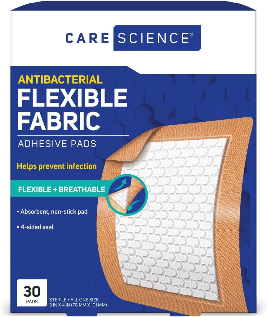 Care Science Fabric Adhesive Pad Bandages, 3x4 inches Ekstra store Fleksible Non-Stick Strip, Hjælper med at forebygge infektion, åndedrætsværn, for Førstehjælp & Sårpleje, 30 Greve