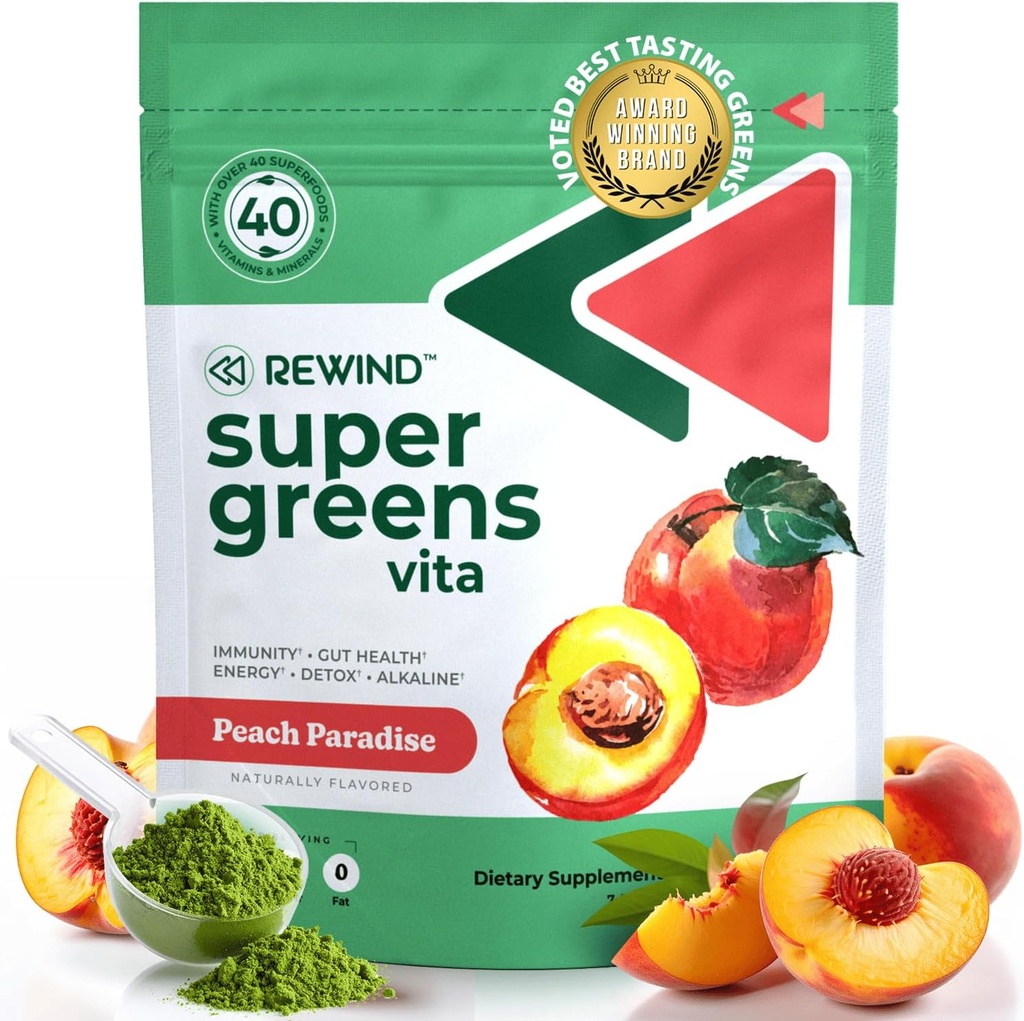 Bedste Tasting Super Green Powder med 40 + Superfood - Lækker Daglig grønt pulver med vitamin B12, Zink, C-vitamin, Magnesium & Calcium - Green Juice Superfood Mix - Peach Flavor