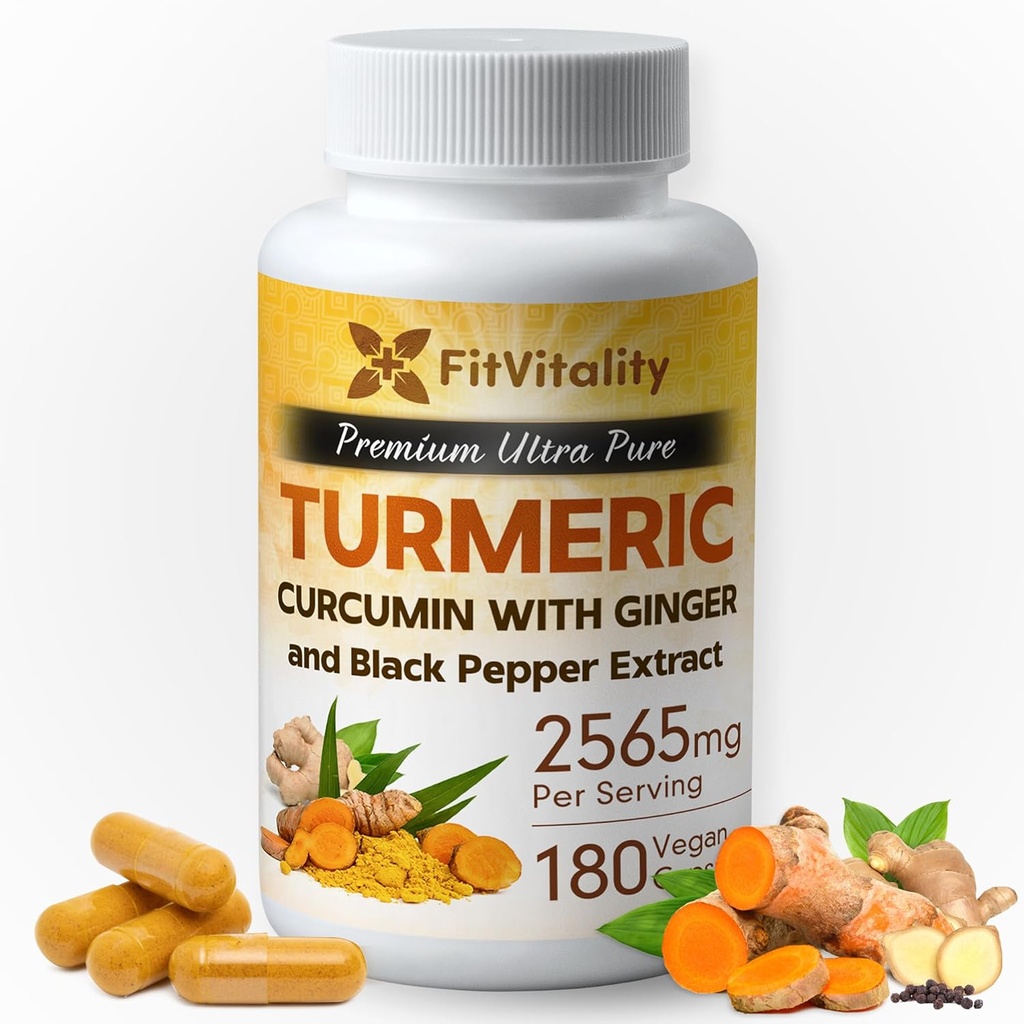 Gurkemeje 2565 mg, 180 kapsler, 95% Curcuminoider & BioPerine Black Pepper Extract, Ekstra styrke gurkemeje supplement, All Natural & Non - GMO, Gluten- Free, Vegan Kapsler