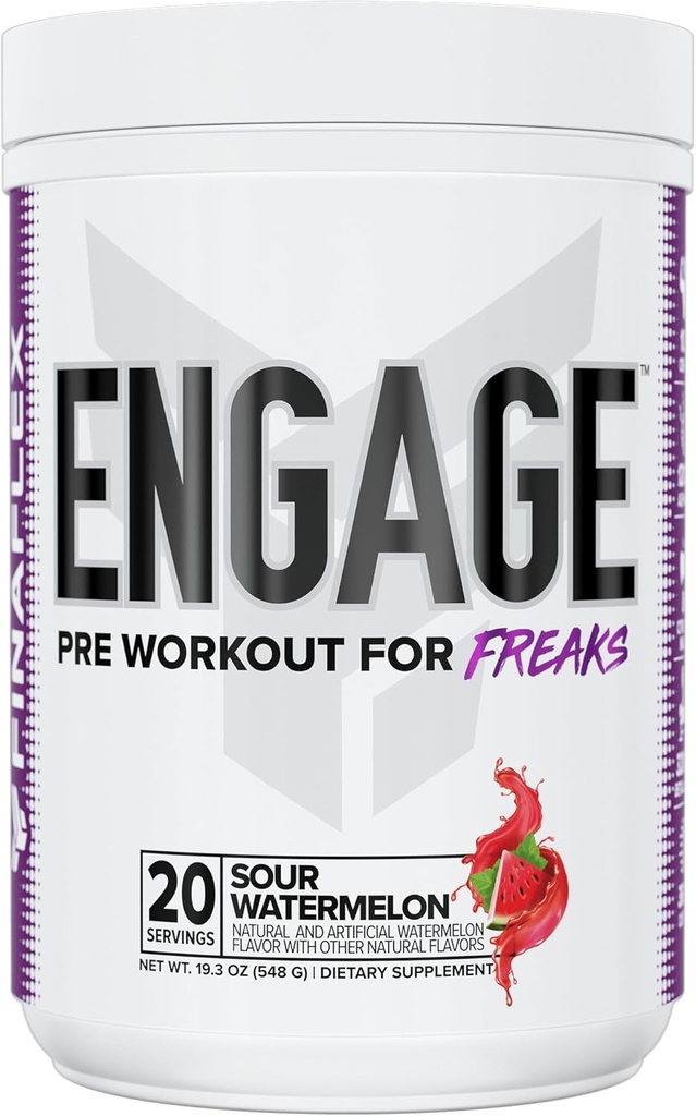 FINAFLEX Engage Pre Workout, Sour Watermelon - Train Harder, Længere & Stærkere - Inkluderer Creatin, Beta- Alanine, Alpha GPC, Citrullin & Kaffein - 20 Serveringer