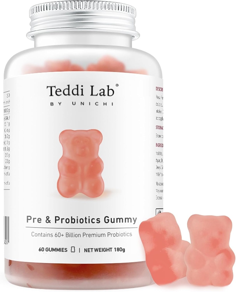 Unichi Pre & Probiotics Gummy, 60 + Billion Probiotics Kombineret med Prebiotic for fordøjelse Wellness og Indre Balance, Non- GMO, Yogurt Flavour, 60 Greve