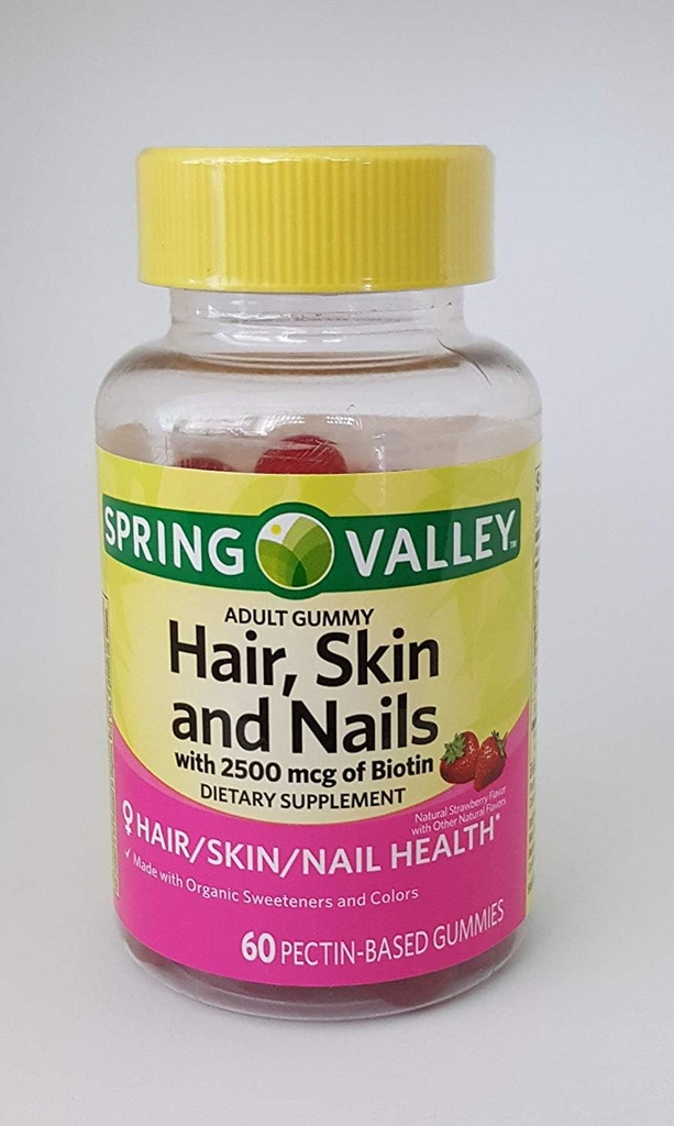 Spring Valley hår, hud og negle med 2500 mcg biotin kosttilskud, 60 pectin- baserede gumier