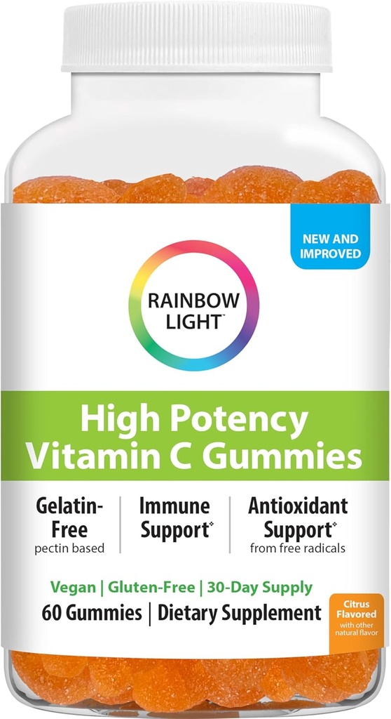 Rainbow Light High- Potency Vitamin C Gummies, Gummy Supplement Giver antioxidant og immunforsvar, Med C-vitamin, Vegan og Gluten Free, 60 Greve