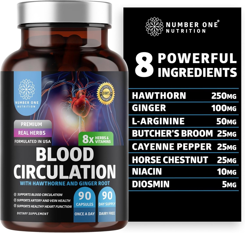 Premium Blood Circulation Supplement for Women and Men [8 Powerful Herbs & Vitamins] All Natural Blood Flow Supplement with Hawthorn, Butchers Broom and Cayenne Pepper, 90 Caps