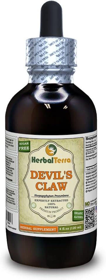 Devil 's Claw (Harpagophytum Procumbens) Tinktur, Organic Tørret Root Liquid Extract (Brand Name: HerbalTerra, Stolt Made in USA) 4 fl.oz (120 ml)