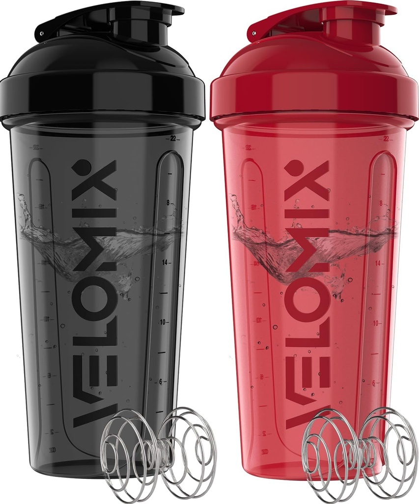 VELOMIX -2 Pack- 28 oz Protein Shaker Flasker til Protein Mixes - 2x Wire Whisk - 124; Læbe Bevis Shaker Cups til Protein Shakes - 124; Protein Shaker Flaske Pack 124; Shakers til Protein Shakes - Black & Red