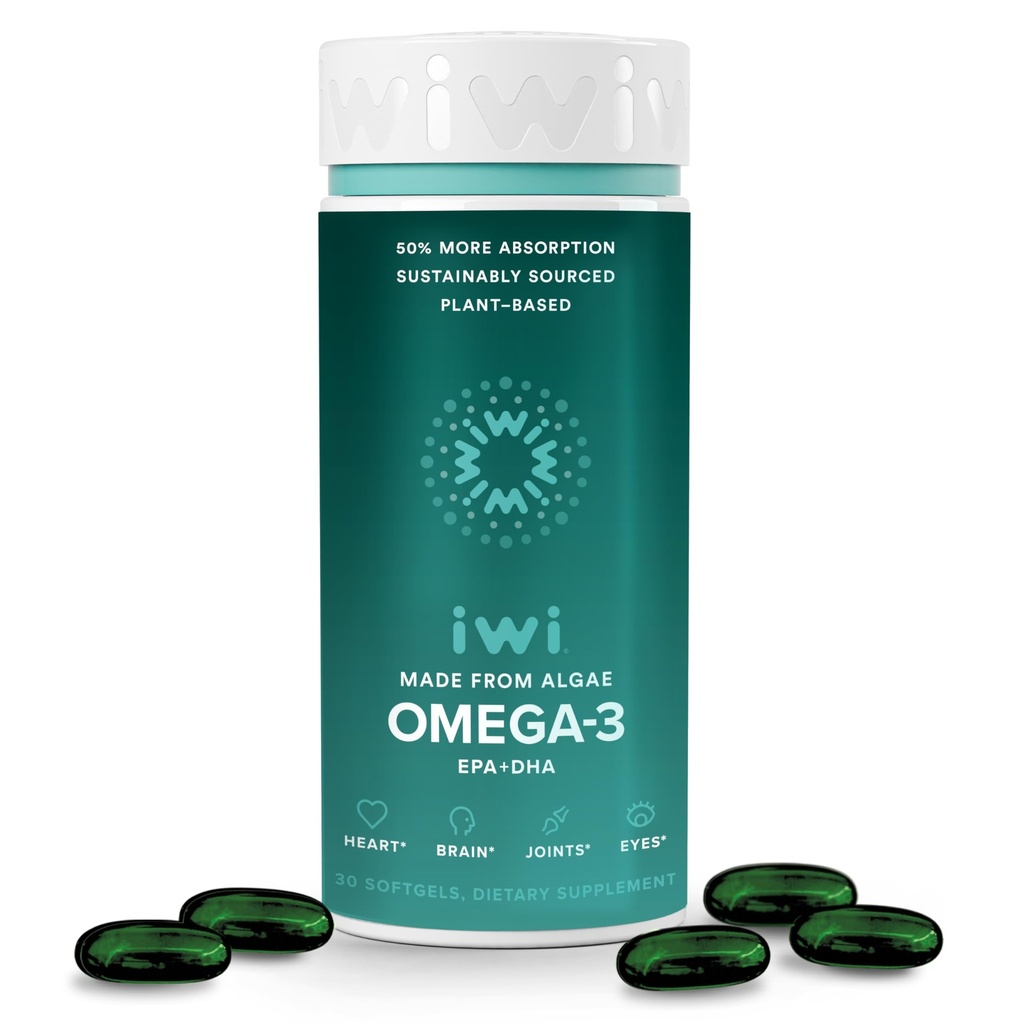 Iwi Omega-3, 30 Softgels (30 Servere), Vegan Plant- baseret Alger Omega 3 med EPA + DHA, Whole- Body Support Kosttilskud, Krill & Fish Oil Alternative, Ingen Fishy Eftersmag