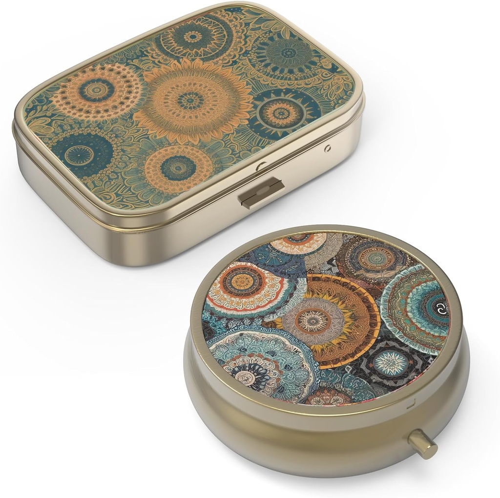 Pill Organizer Pill Box med spejl Retro Small Pill Case til purse eller Pocket Bronze Pill Box eller vitaminer, Fish Oil, Kosttilskud, Pill Containe Travel Gaver