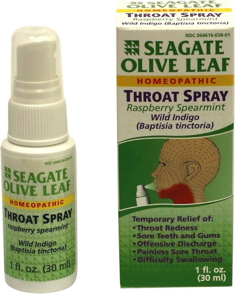 Seagate Products Homøopatiske Olive Leaf Throat Spray (pakke med 1) 1 Ounce Raspberry- Spearmint