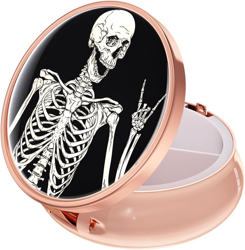 Rouidr Pill Box, 3 Segment Medicine Pill Case, Lille Metal Travel Medicine Box for pung & Pocket, Rose Gold, Skull
