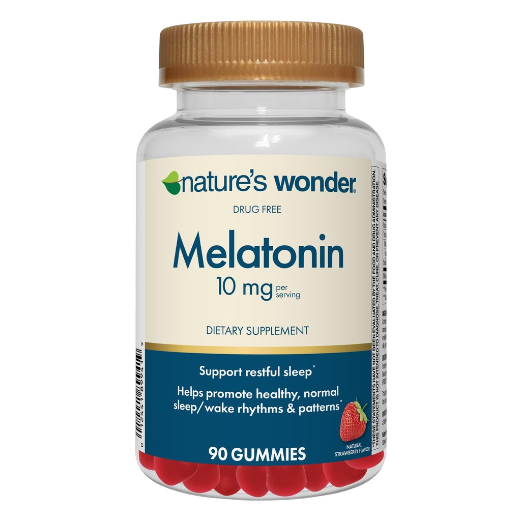 Nature 's Wonder Drug- Free Melatonin 10 mg Gummies for Adult Sleep Health, 100% Drug Free Sleep support, Fremme sund søvn og vågne Rhythm og mønstre, 45 Day Supply, 90 Greve