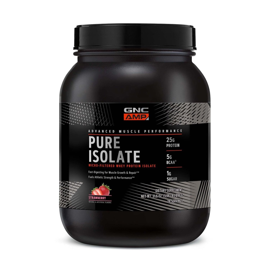 GNC AMP Pure Isolate Whey Protein Powder, Muscle Growth, Recovery, Performance, 25g Protein, 5g BCAA, 1g Sukker, 130 kalorier eller mindre, 3. part testet, Gluten Free, Strawberry, 28 SVG