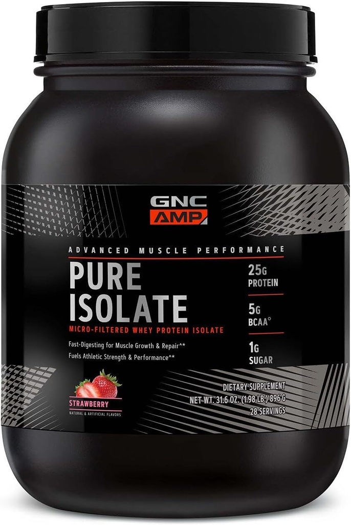 GNC AMP Pure Isolate Whey Protein Powder, Muscle Growth, Recovery, Performance, 25g Protein, 5g BCAA, 1g Sukker, 130 kalorier eller mindre, 3. part testet, Gluten Free, Strawberry, 28 SVG