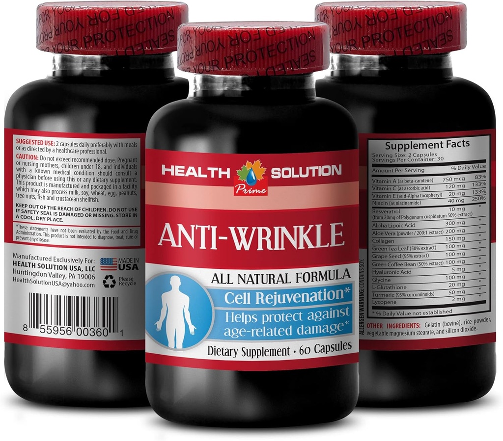 Vitamin E kollagen - ANTI- WRINKLE COMPLEX - Hud mineraler, Anti- aging naturlige formel, anti rynke kapsler til ansigt, serum anti rynke, alpha liposyre, anti rynke piller til kvinder, 1B 60 Caps