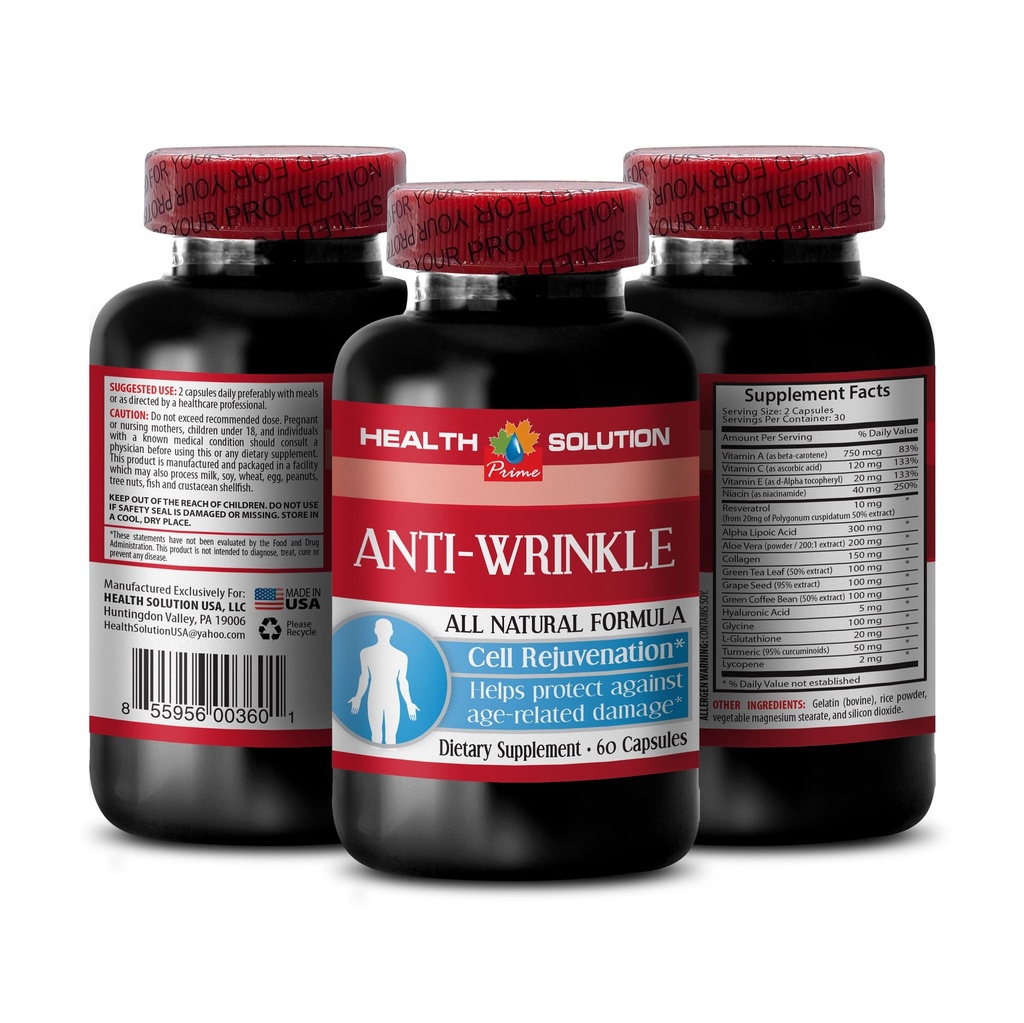 Vitamin E kollagen - ANTI- WRINKLE COMPLEX - Hud mineraler, Anti- aging naturlige formel, anti rynke kapsler til ansigt, serum anti rynke, alpha liposyre, anti rynke piller til kvinder, 1B 60 Caps