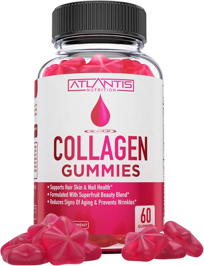 Atlantis Nutrition Collagen Peptider Gummies for Women - Formuleret med type I & III - Vitamin & Superfruit Beauty Blend - Formuleret til at støtte hår, negle og hud sundhed