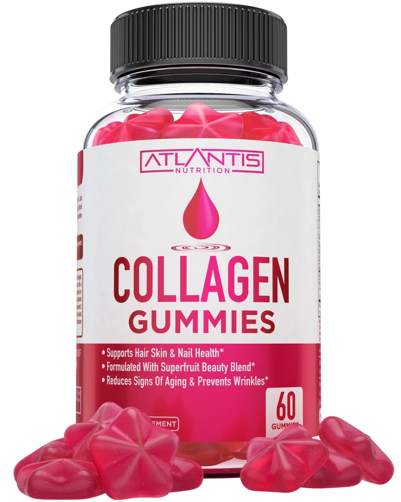 Atlantis Nutrition Collagen Peptider Gummies for Women - Formuleret med type I & III - Vitamin & Superfruit Beauty Blend - Formuleret til at støtte hår, negle og hud sundhed